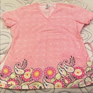 Floral Print Pink V-Neck Scrub Top